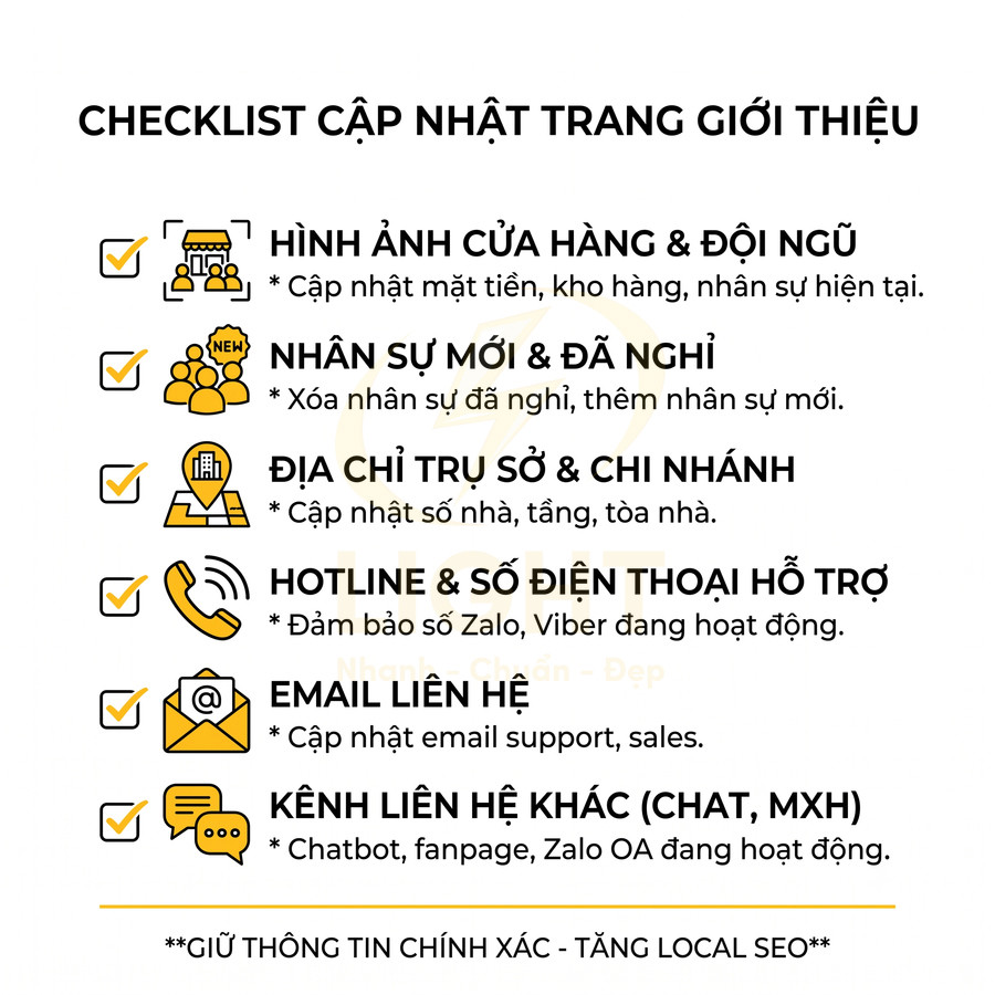 Checklist cập nhật trang giới thiệu doanh nghiệp với các mục hình ảnh, nhân sự, địa chỉ, hotline, email, kênh liên hệ