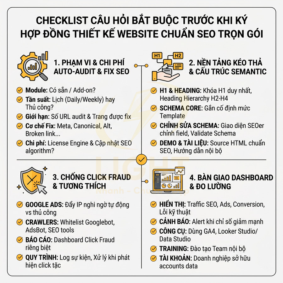 Checklist câu hỏi trước khi ký hợp đồng thiết kế website chuẩn SEO trọn gói với các hạng mục chính chi tiết