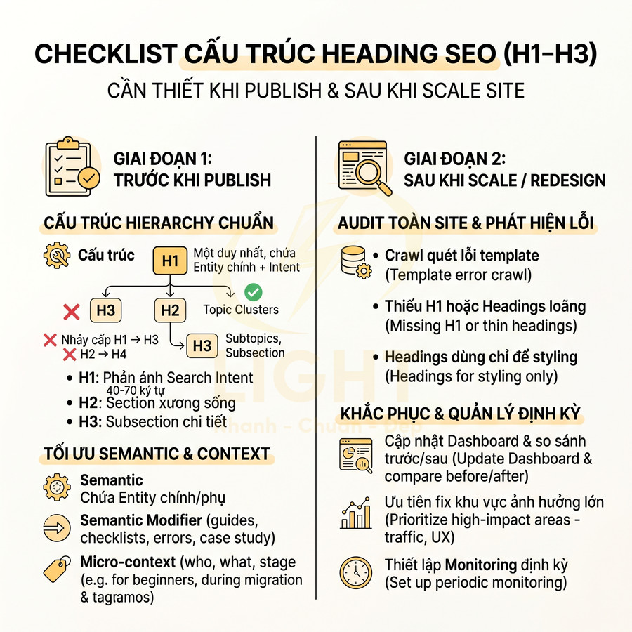 Checklist cấu trúc heading SEO H1 H3 hướng dẫn tối ưu semantic và audit site trước và sau khi publish