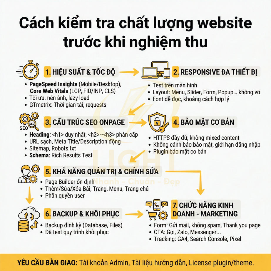 Checklist kiểm tra chất lượng website trước khi nghiệm thu với 7 bước về tốc độ, SEO, bảo mật và marketing