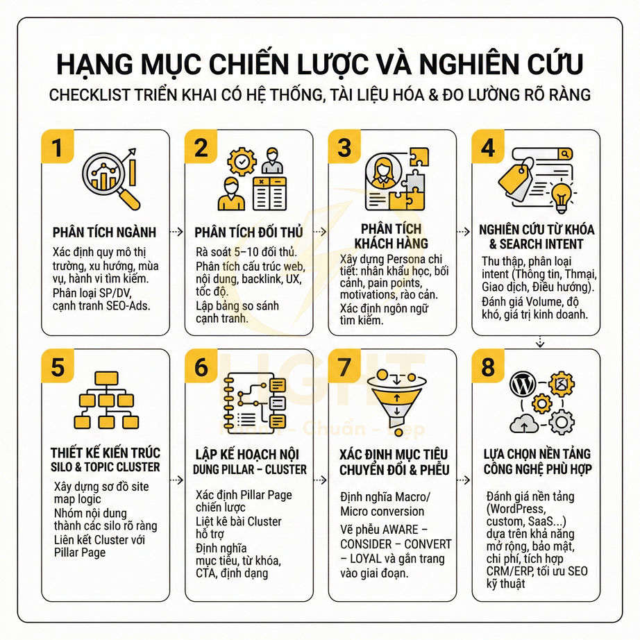 Checklist chiến lược SEO với 8 bước phân tích ngành, đối thủ, khách hàng, từ khóa và xây dựng nội dung chuyển đổi