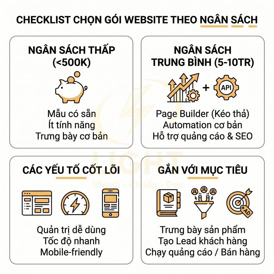 Checklist chọn gói thiết kế website theo ngân sách và mục tiêu, nêu rõ tính năng, yếu tố cốt lõi và hỗ trợ quảng cáo SEO