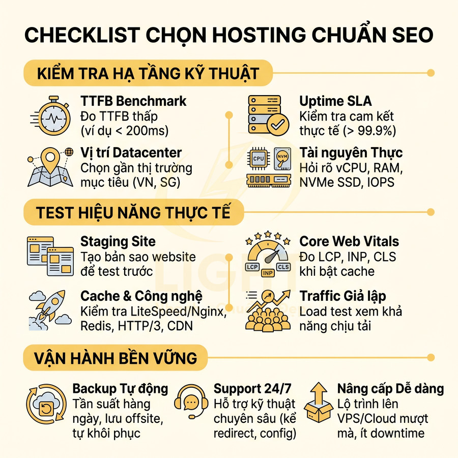 Checklist chọn hosting chuẩn SEO với tiêu chí hạ tầng kỹ thuật, test hiệu năng và vận hành bền vững