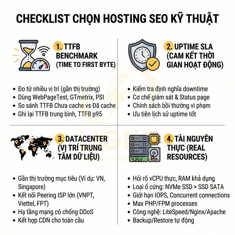 Checklist chọn hosting SEO kỹ thuật với 4 tiêu chí TTFB, uptime SLA, datacenter và tài nguyên thực