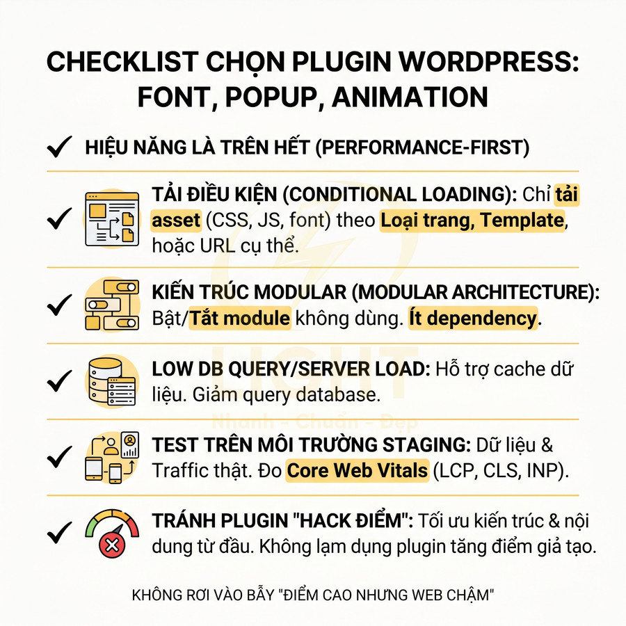 Checklist chọn plugin WordPress tối ưu hiệu năng cho font, popup, animation và Core Web Vitals