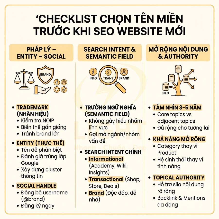 Checklist chọn tên miền trước khi SEO website mới với các tiêu chí pháp lý, search intent và mở rộng nội dung