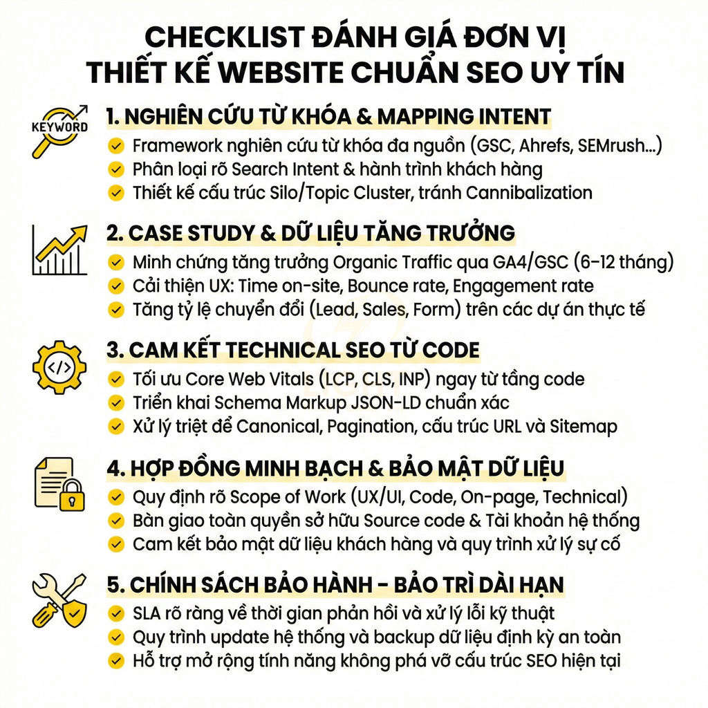 Checklist đánh giá đơn vị thiết kế website chuẩn SEO với 5 tiêu chí về từ khóa, case study, technical, hợp đồng và bảo hành