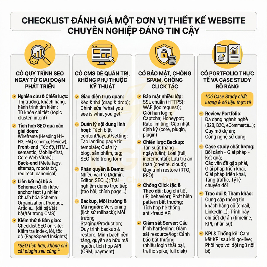 Checklist tiêu chí đánh giá đơn vị thiết kế website chuyên nghiệp uy tín với SEO, bảo mật, CMS và portfolio rõ ràng