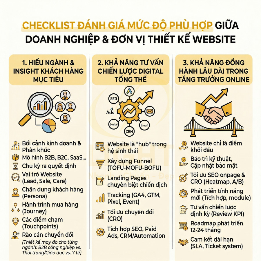 Checklist đánh giá mức độ phù hợp giữa doanh nghiệp và đơn vị thiết kế website, 3 tiêu chí chính bằng tiếng Việt