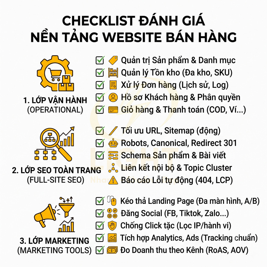 Checklist đánh giá nền tảng website bán hàng với 3 lớp vận hành SEO và marketing chi tiết
