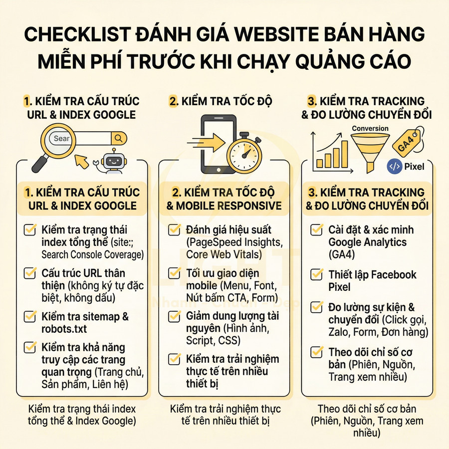 Checklist đánh giá website bán hàng miễn phí trước khi chạy quảng cáo với 3 bước tối ưu SEO và chuyển đổi