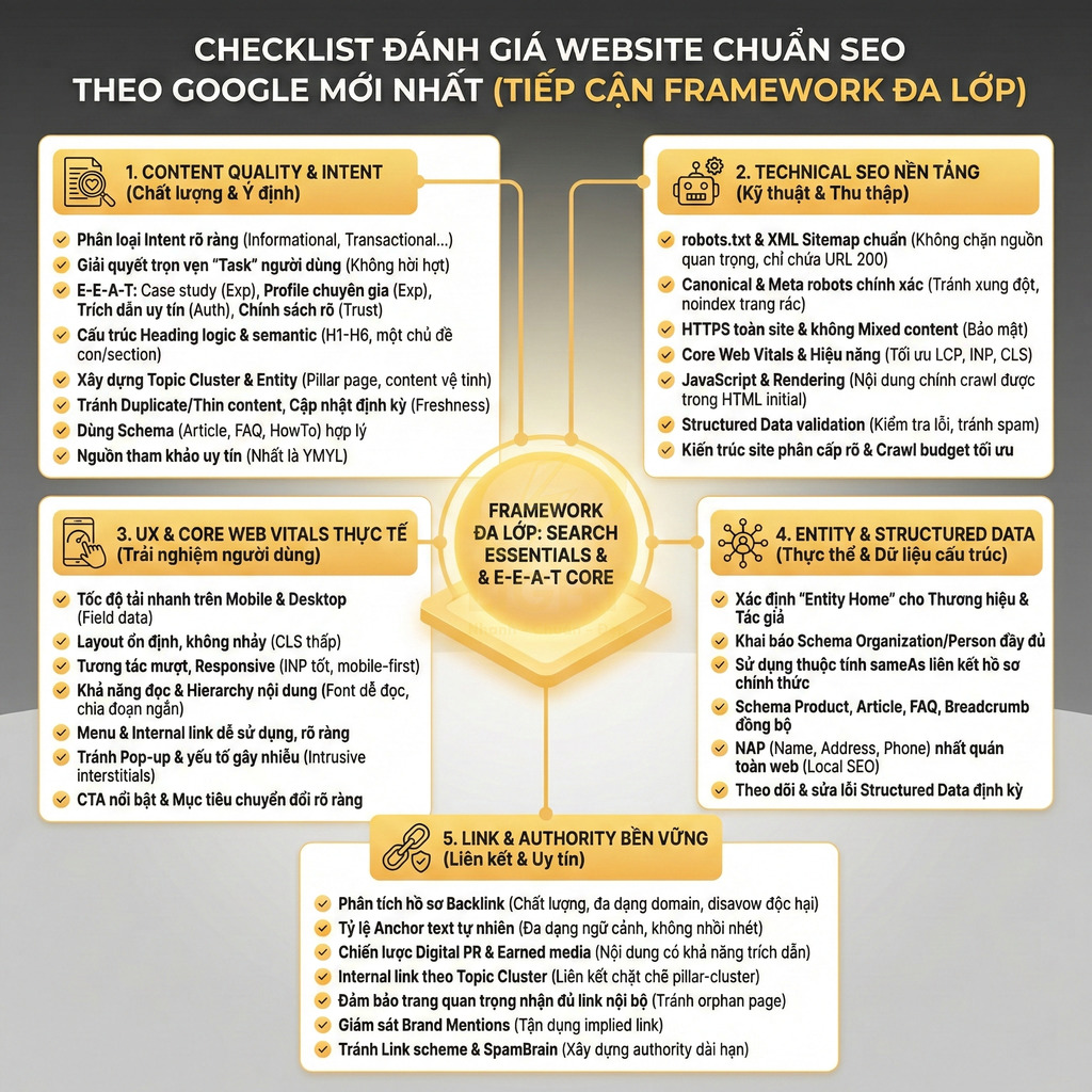 Checklist đánh giá website chuẩn SEO theo framework đa lớp với 5 nhóm tiêu chí chính bằng tiếng Việt