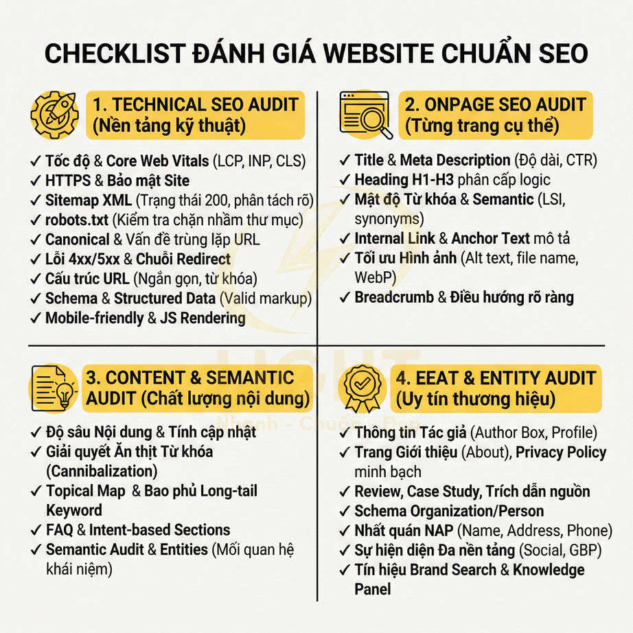 Checklist đánh giá website chuẩn SEO với 4 nhóm: technical, onpage, content semantic và EEAT entity audit