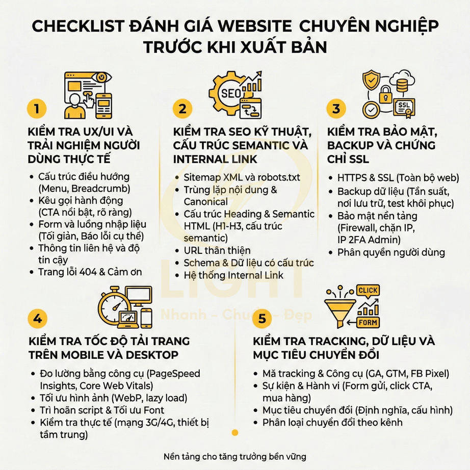Checklist đánh giá website chuyên nghiệp trước khi xuất bản với 5 bước tối ưu UX, SEO, bảo mật, tốc độ và chuyển đổi