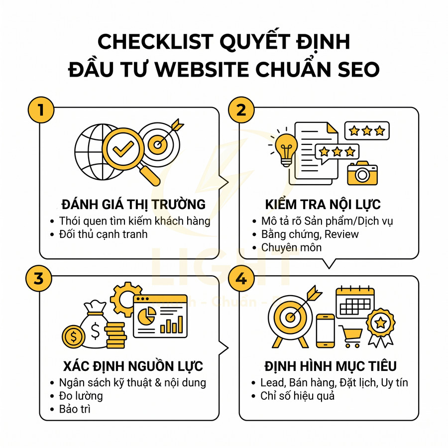 Checklist 4 bước quyết định đầu tư website chuẩn SEO với đánh giá thị trường, nội lực, nguồn lực và mục tiêu