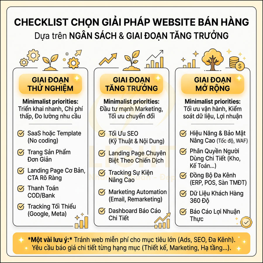 Checklist chọn giải pháp website bán hàng theo ngân sách và giai đoạn tăng trưởng doanh nghiệp