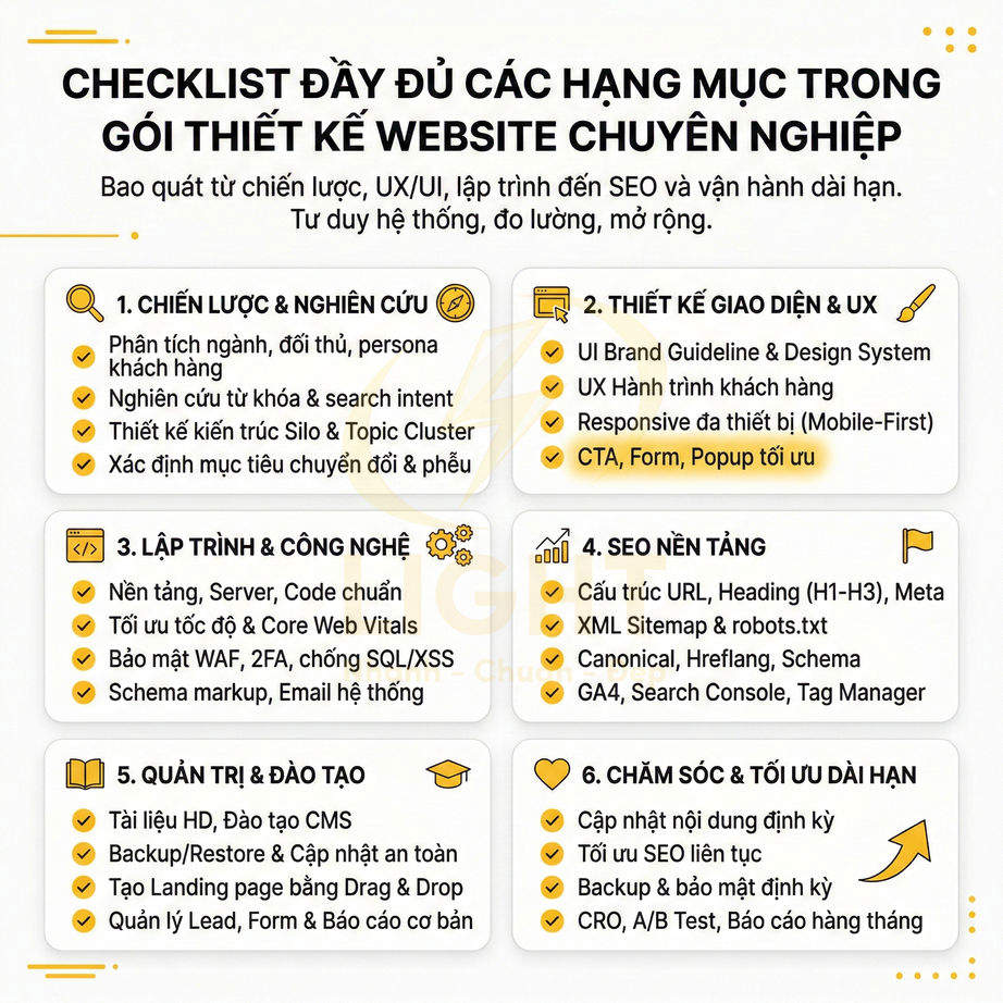 Checklist các hạng mục trong gói thiết kế website chuyên nghiệp từ chiến lược, UX UI, lập trình đến SEO và chăm sóc dài hạn
