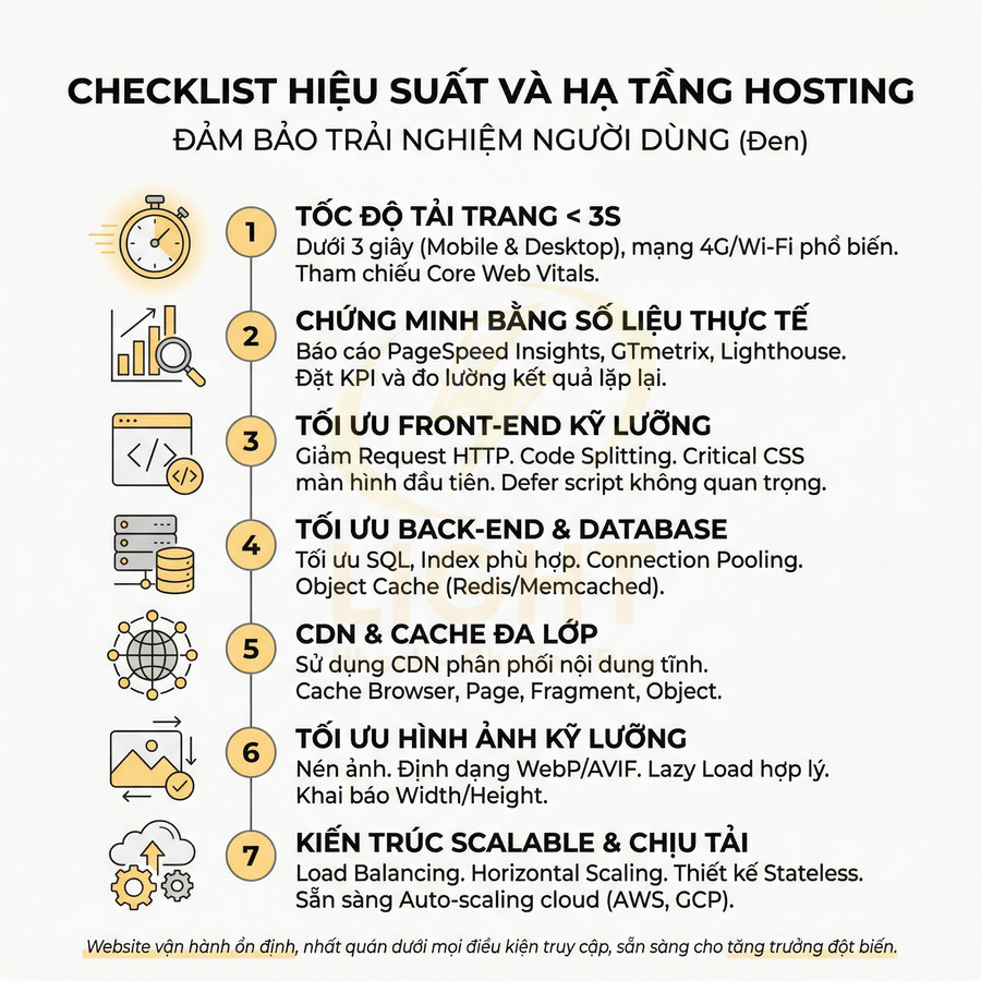 Checklist tối ưu hiệu suất và hạ tầng hosting với 7 bước cải thiện tốc độ tải trang và trải nghiệm người dùng
