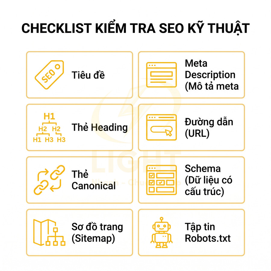 Checklist kiểm tra SEO kỹ thuật với các mục tiêu đề heading meta description URL canonical schema sitemap robots txt
