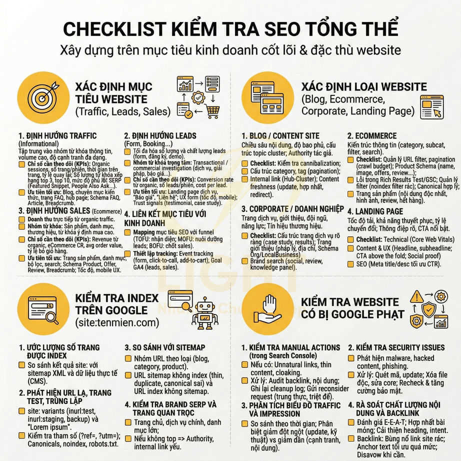 Checklist kiểm tra SEO tổng thể bằng tiếng Việt với các bước xác định mục tiêu, loại website, kiểm tra index và Google phạt