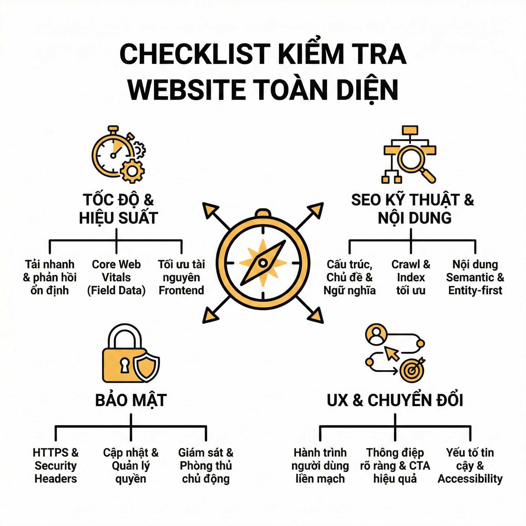 Checklist kiểm tra website toàn diện về tốc độ, SEO kỹ thuật, bảo mật, UX và chuyển đổi
