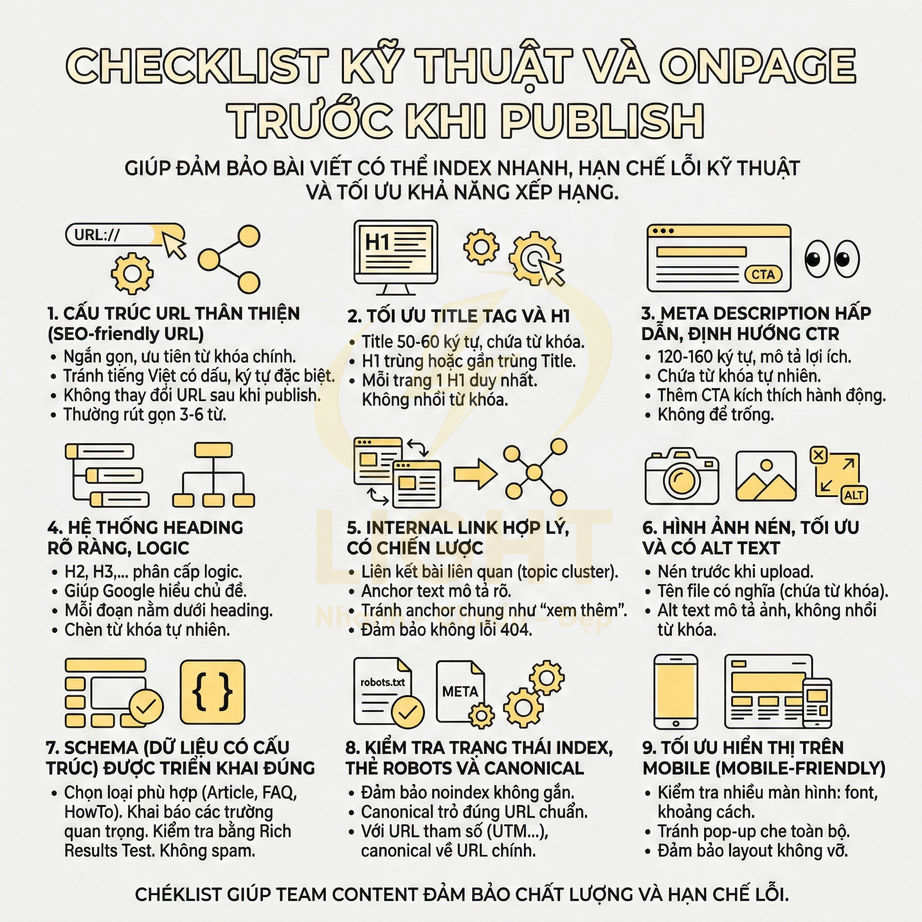 Checklist kỹ thuật và onpage SEO trước khi publish bài viết tối ưu index và xếp hạng Google