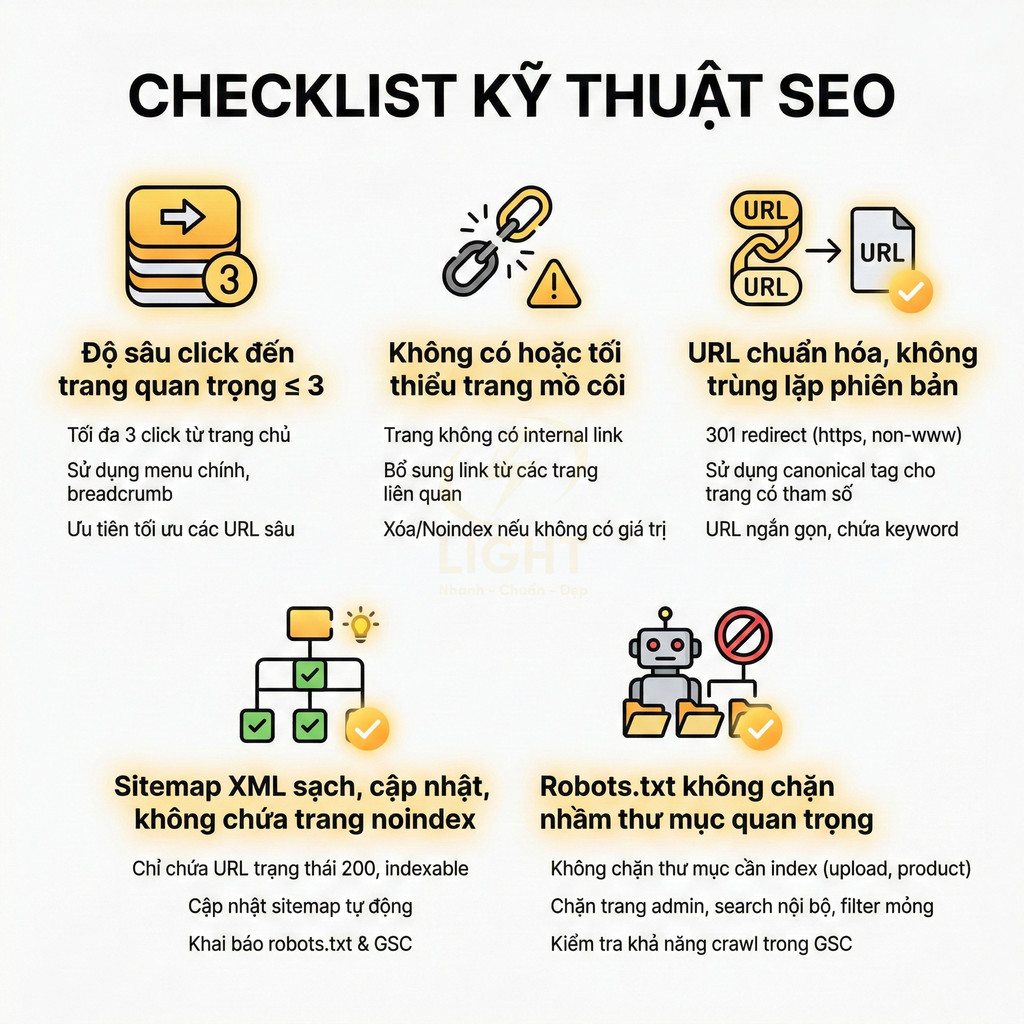 Checklist kỹ thuật SEO với các mục độ sâu click, trang mồ côi, URL chuẩn hóa, sitemap XML và robots.txt