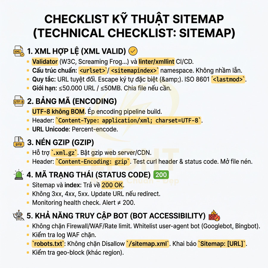 Checklist kỹ thuật sitemap XML cho SEO với các bước về mã hóa, nén gzip, status code và truy cập bot