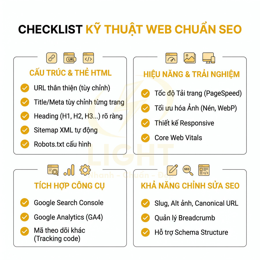 Checklist kỹ thuật web chuẩn SEO với cấu trúc HTML, hiệu năng, tích hợp công cụ và khả năng chỉnh sửa SEO