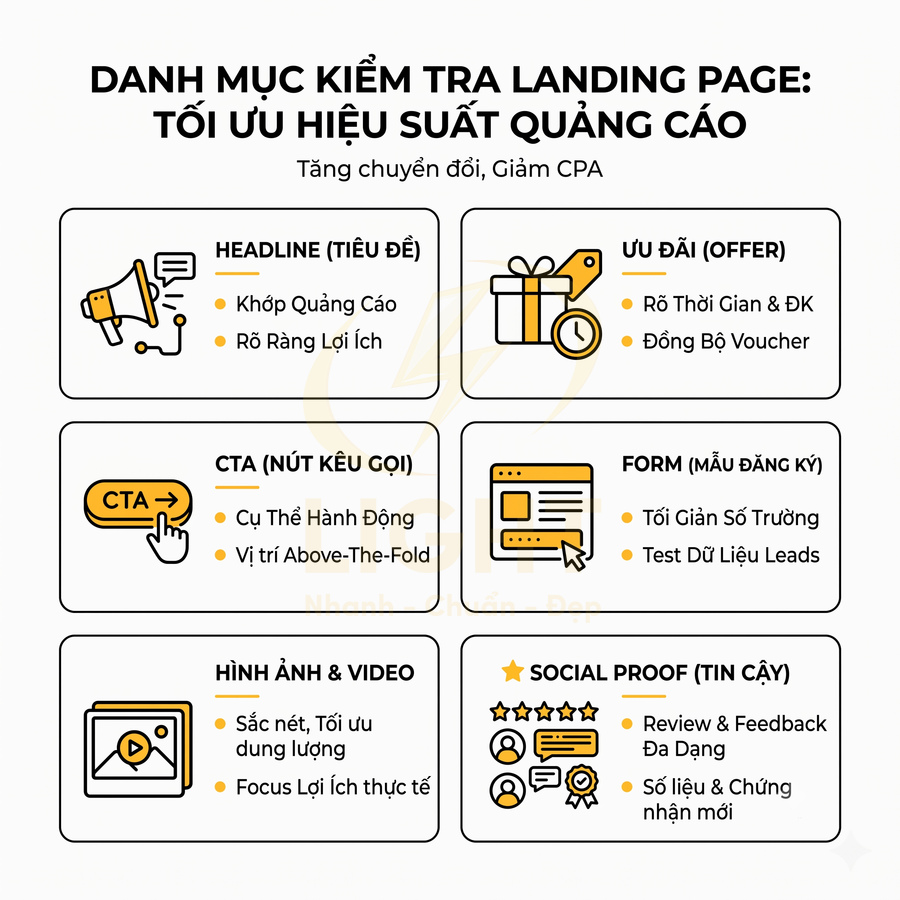 Danh mục kiểm tra tối ưu landing page quảng cáo với headline, ưu đãi, CTA, form, hình ảnh video và social proof