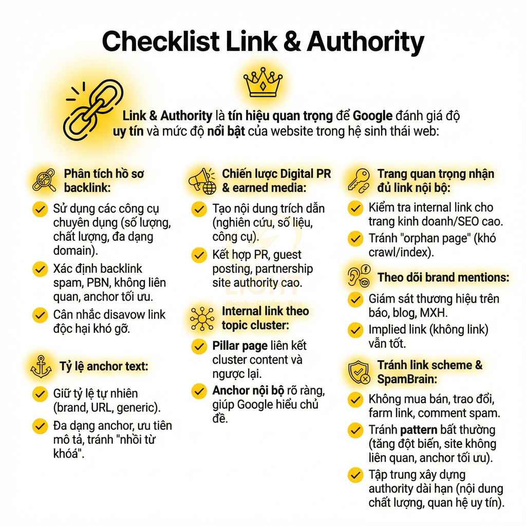 Checklist tối ưu link và authority trong SEO với phân tích backlink, anchor text, internal link và brand mentions