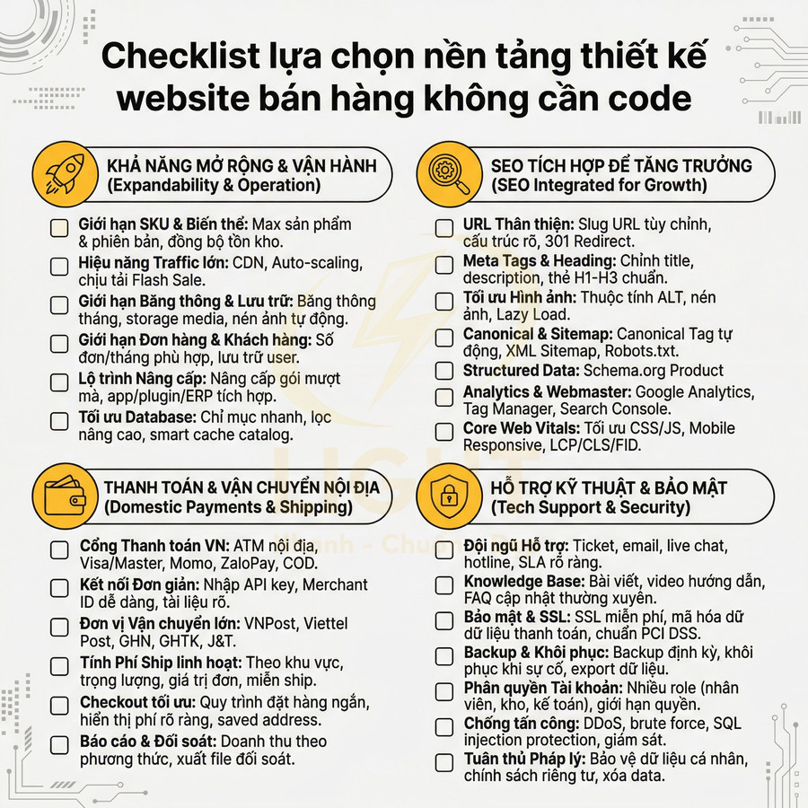 Checklist lựa chọn nền tảng thiết kế website bán hàng không cần code với các tiêu chí SEO, vận hành, thanh toán, bảo mật