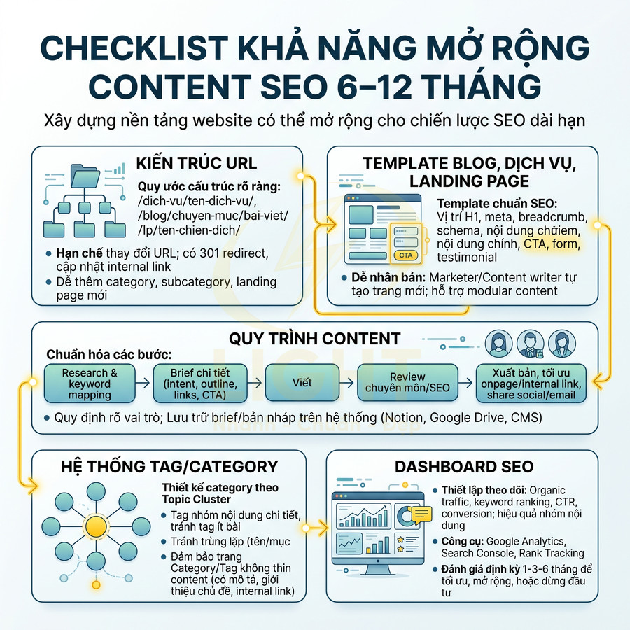 Checklist khả năng mở rộng content SEO 6–12 tháng với kiến trúc URL, quy trình content, hệ thống tag và dashboard SEO