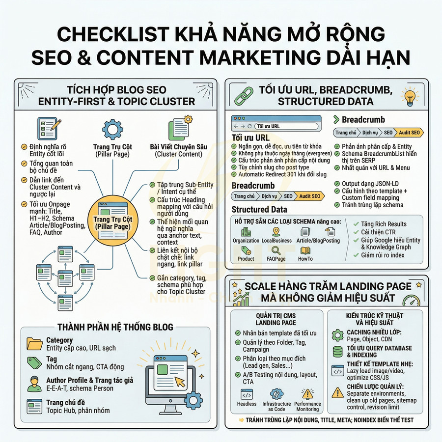 Checklist mở rộng SEO và content marketing dài hạn với hướng dẫn tối ưu blog, URL, structured data và landing page