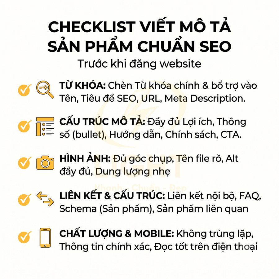 Checklist viết mô tả sản phẩm chuẩn SEO với hướng dẫn về từ khóa, cấu trúc nội dung, hình ảnh, liên kết và hiển thị mobile