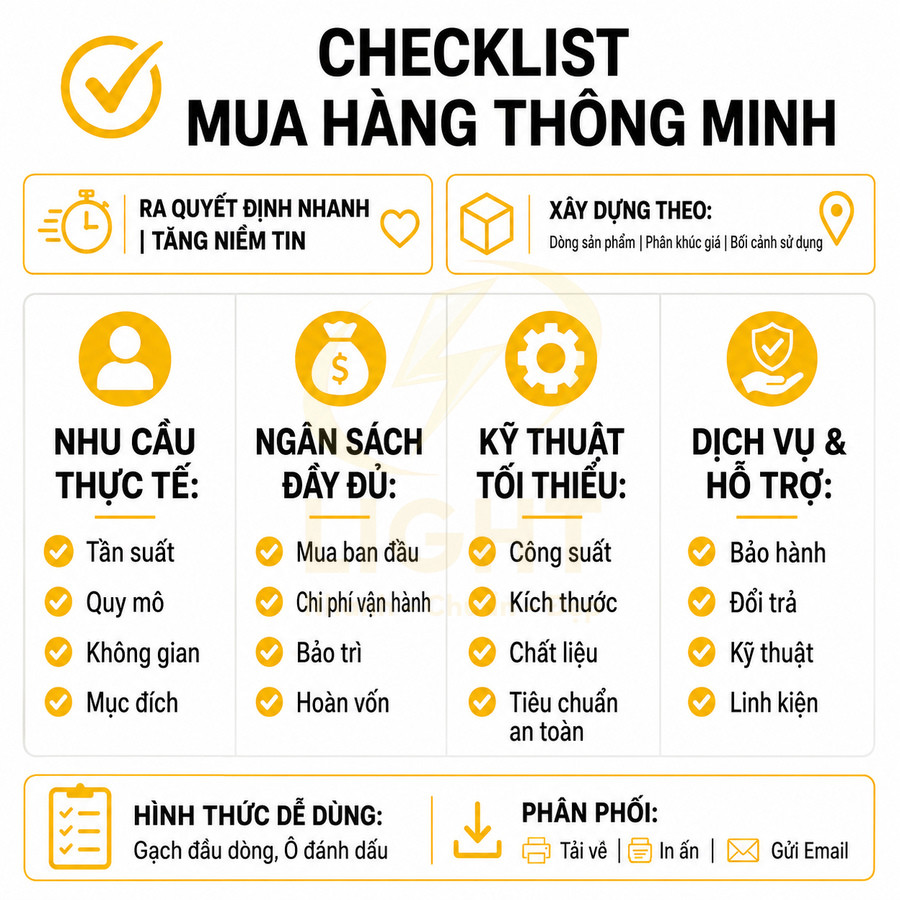 Checklist mua hàng thông minh với các tiêu chí nhu cầu, ngân sách, kỹ thuật, dịch vụ và hình thức phân phối