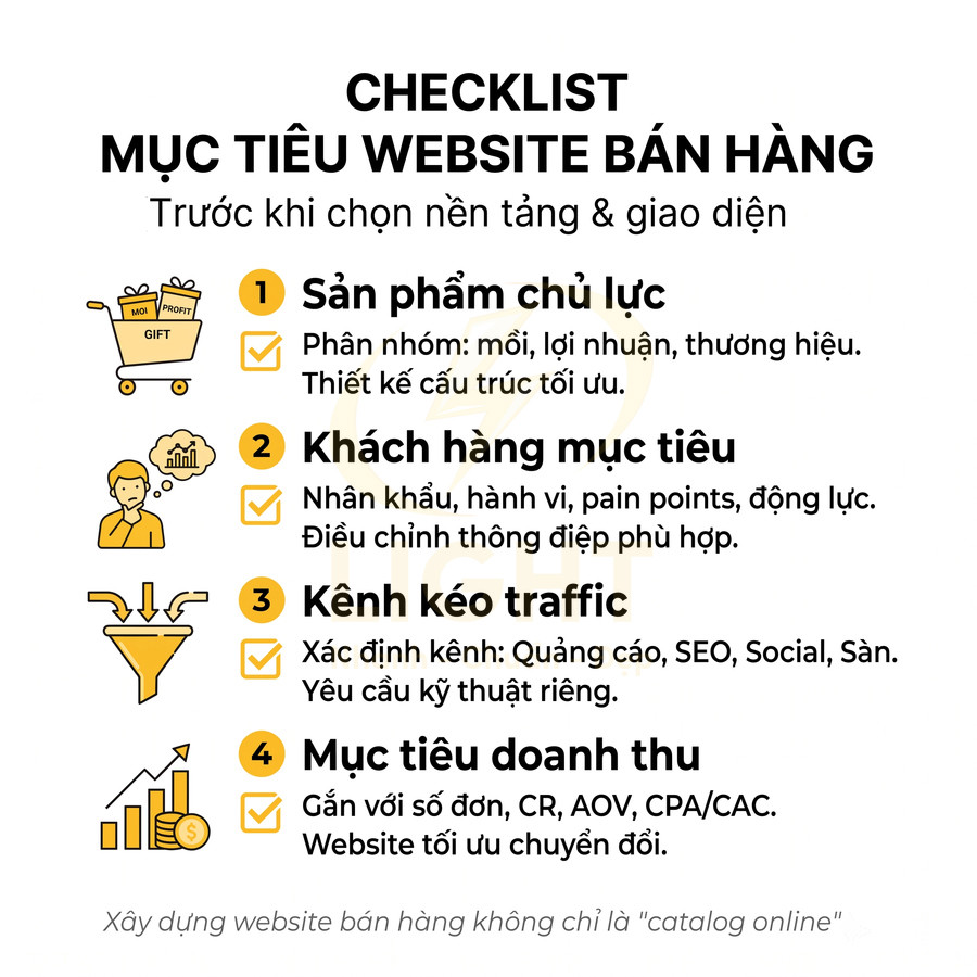 Checklist mục tiêu website bán hàng với 4 bước về sản phẩm chủ lực, khách hàng mục tiêu, kênh traffic và doanh thu