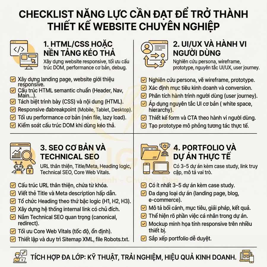 Checklist năng lực thiết kế website chuyên nghiệp với 4 nhóm kỹ năng kỹ thuật, UIUX, SEO và portfolio dự án thực tế