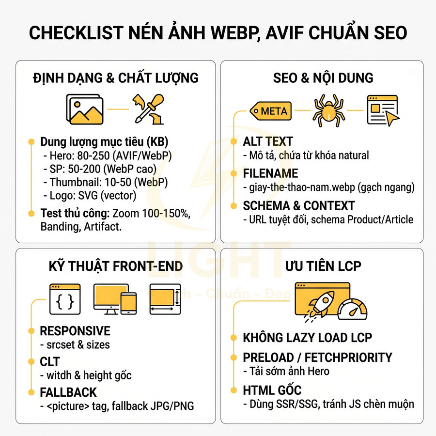 Checklist tối ưu nén ảnh WebP AVIF chuẩn SEO với định dạng chất lượng kỹ thuật front end và ưu tiên LCP