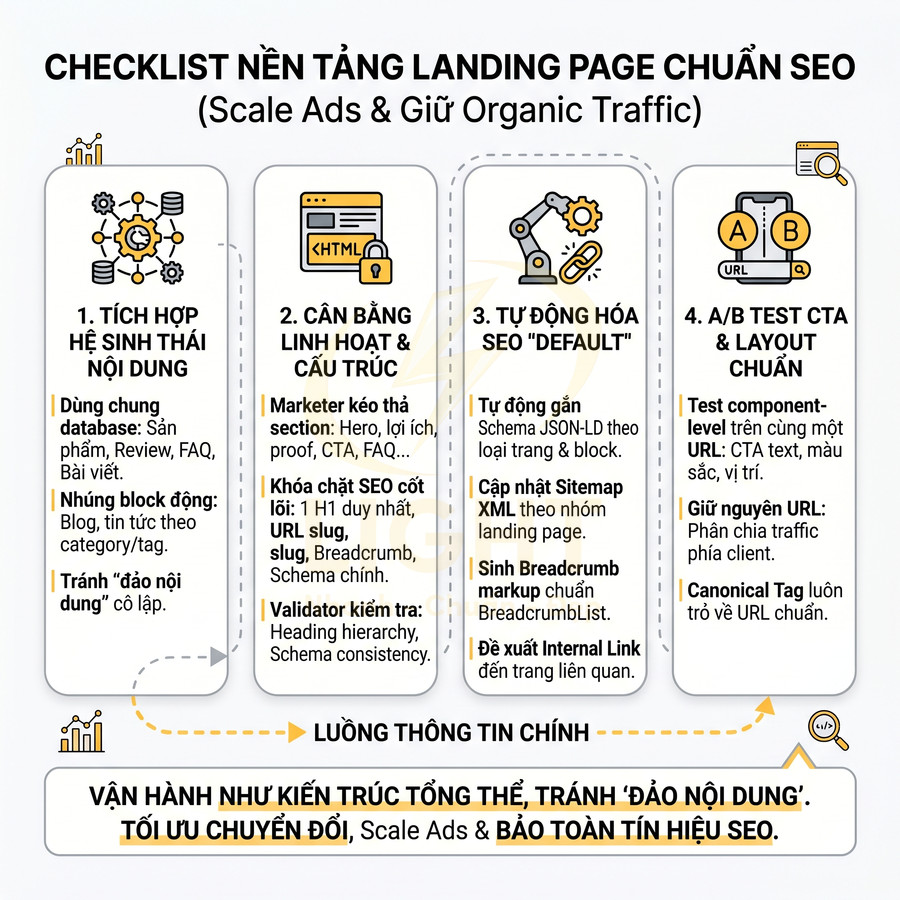 Checklist nền tảng landing page chuẩn SEO với 4 bước tối ưu nội dung, cấu trúc, tự động hóa SEO và A/B test CTA
