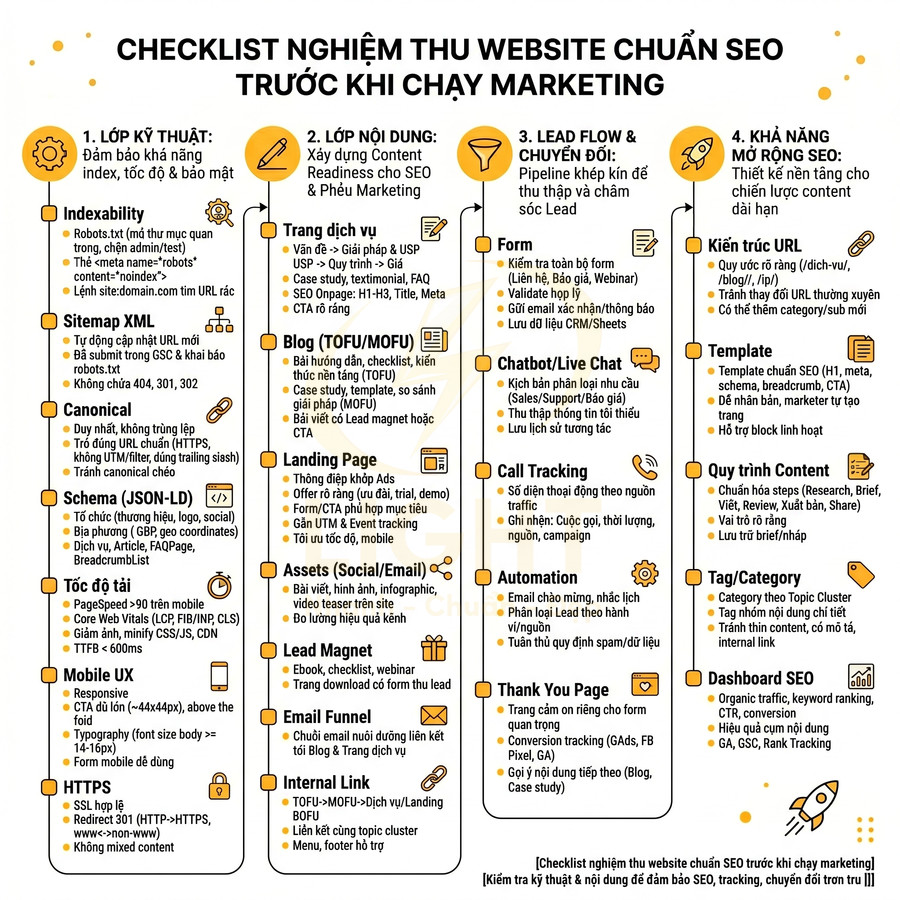 Checklist nghiệm thu website chuẩn SEO trước khi chạy marketing với 4 nhóm hạng mục chi tiết