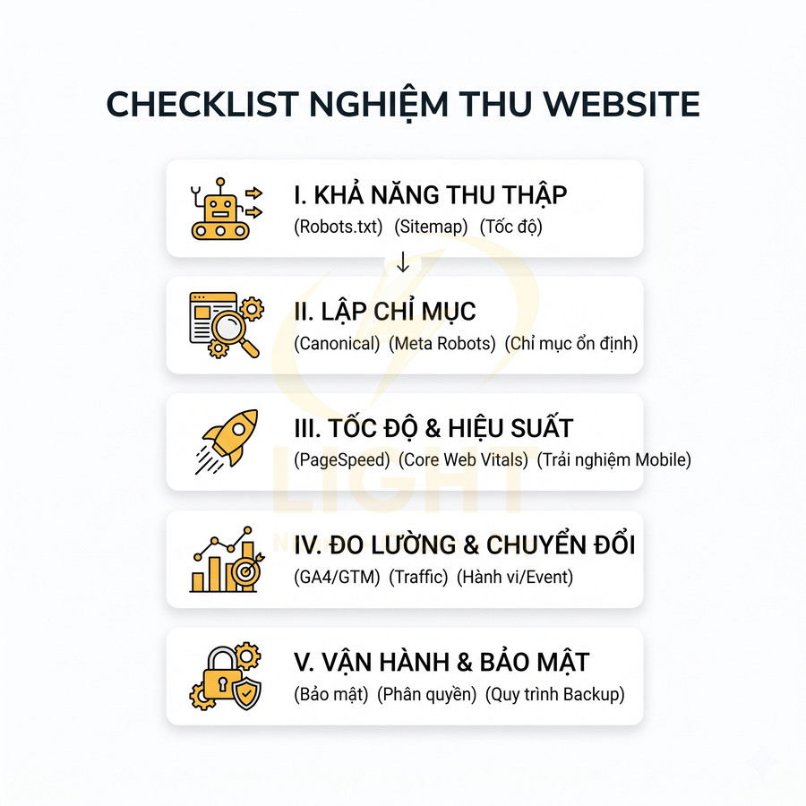 Checklist nghiệm thu website với 5 bước về thu thập, lập chỉ mục, tốc độ, đo lường chuyển đổi và vận hành bảo mật

