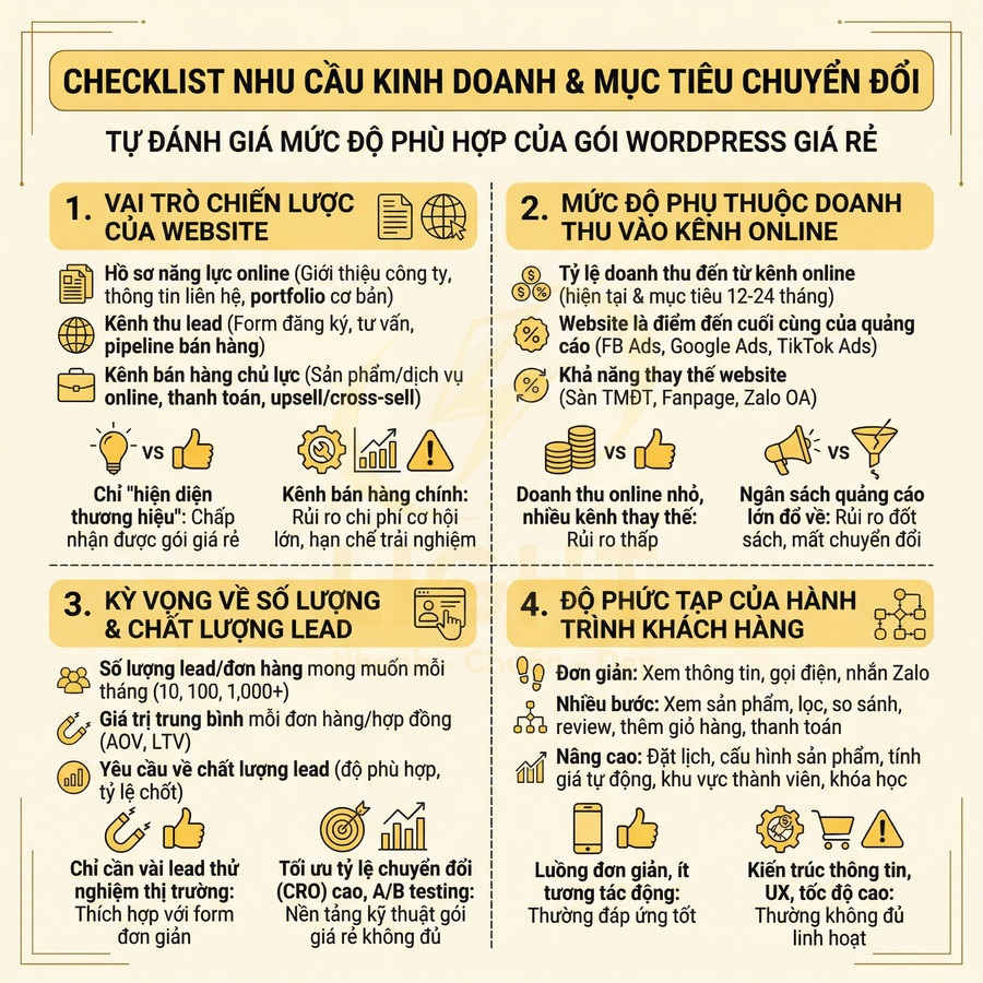 Checklist nhu cầu kinh doanh và mục tiêu chuyển đổi để tự đánh giá gói WordPress giá rẻ cho website doanh nghiệp