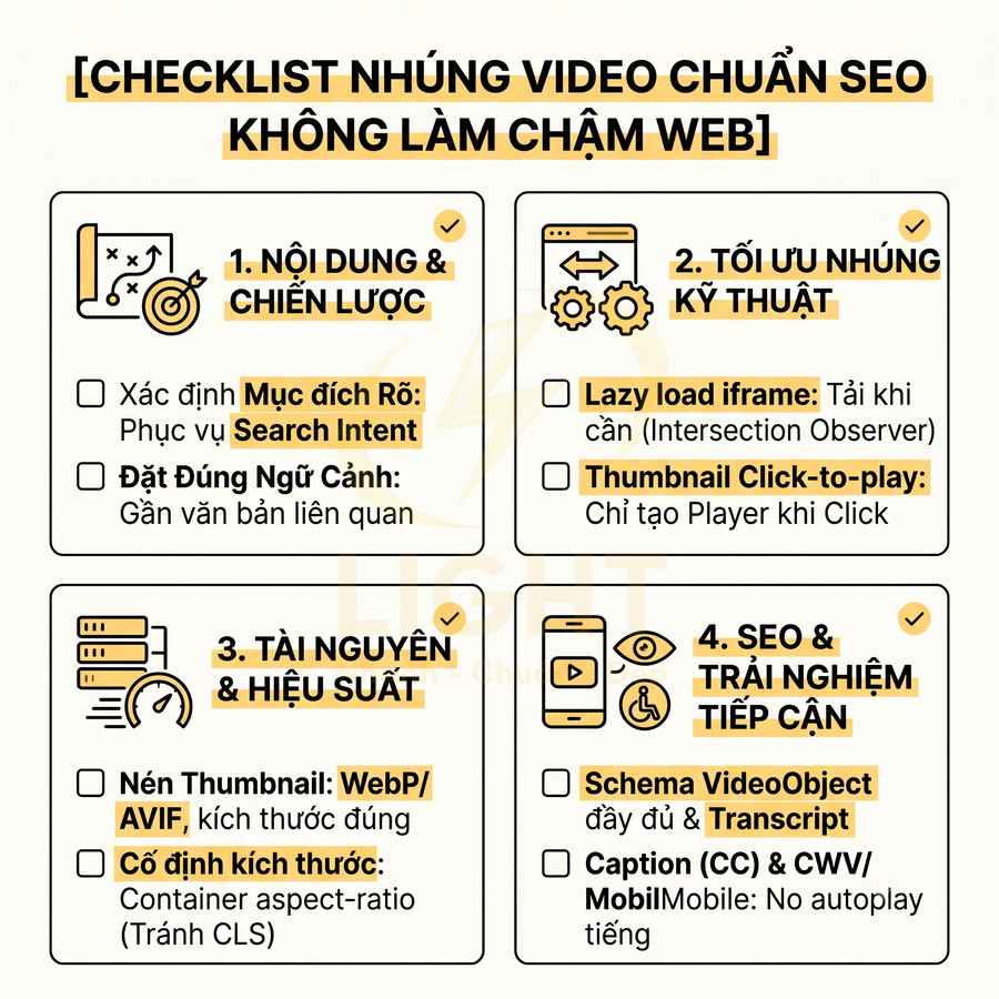 Checklist nhúng video chuẩn SEO không làm chậm web với 4 bước tối ưu nội dung kỹ thuật hiệu suất và trải nghiệm