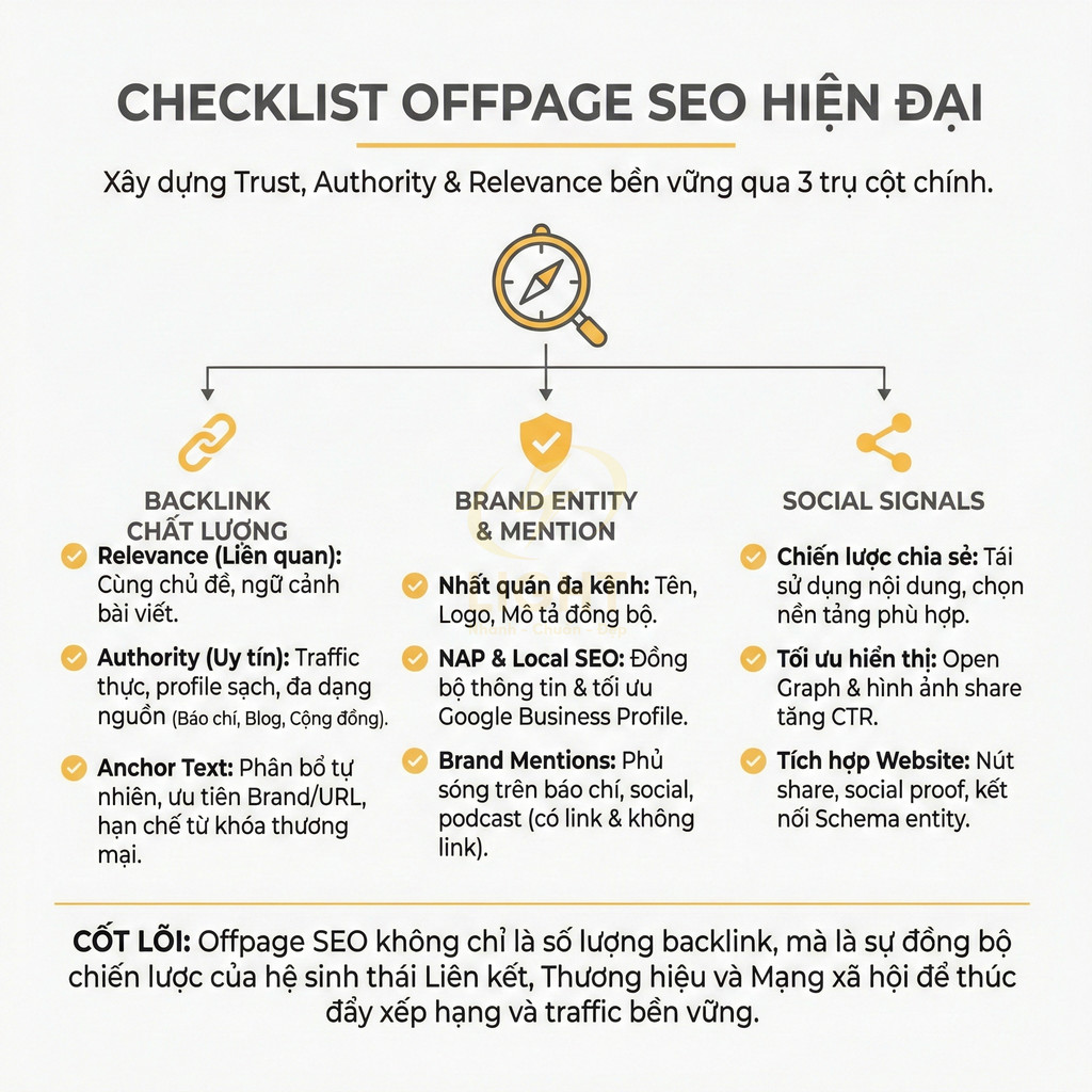 Checklist offpage SEO hiện đại với ba trụ cột backlink chất lượng, brand entity và social signals