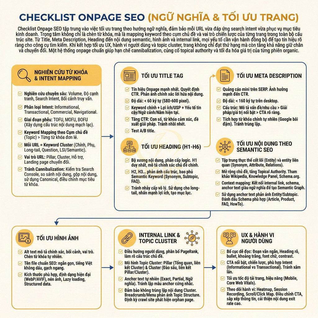 Checklist Onpage SEO tiếng Việt hướng dẫn tối ưu từ khóa, title, heading, nội dung, hình ảnh và internal link