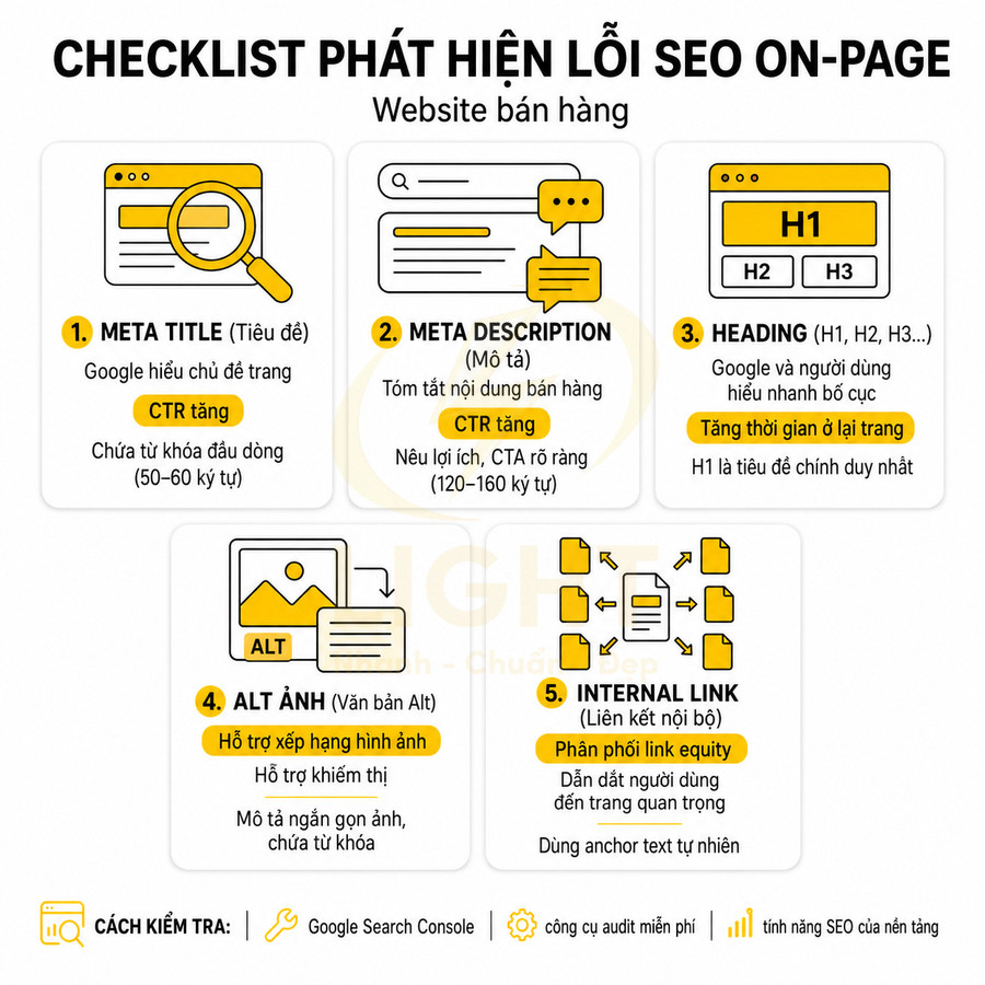 Checklist phát hiện lỗi SEO onpage cho website bán hàng với 5 yếu tố tối ưu nội dung và liên kết