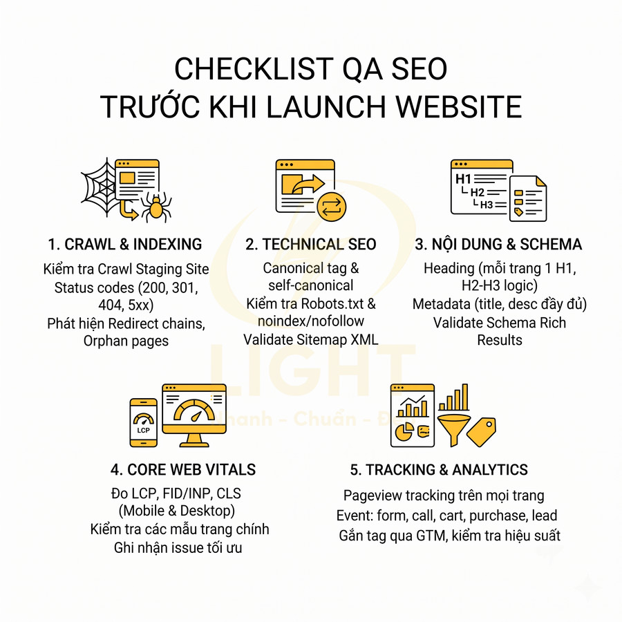 Checklist QA SEO trước khi launch website với 5 bước crawl, technical, nội dung, core web vitals và tracking