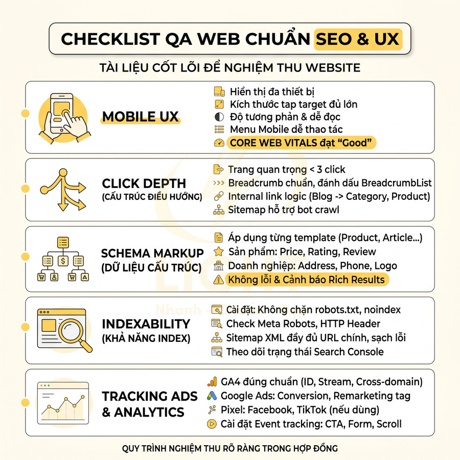 Checklist QA web chuẩn SEO và UX với các hạng mục mobile UX, click depth, schema, indexability, tracking ads