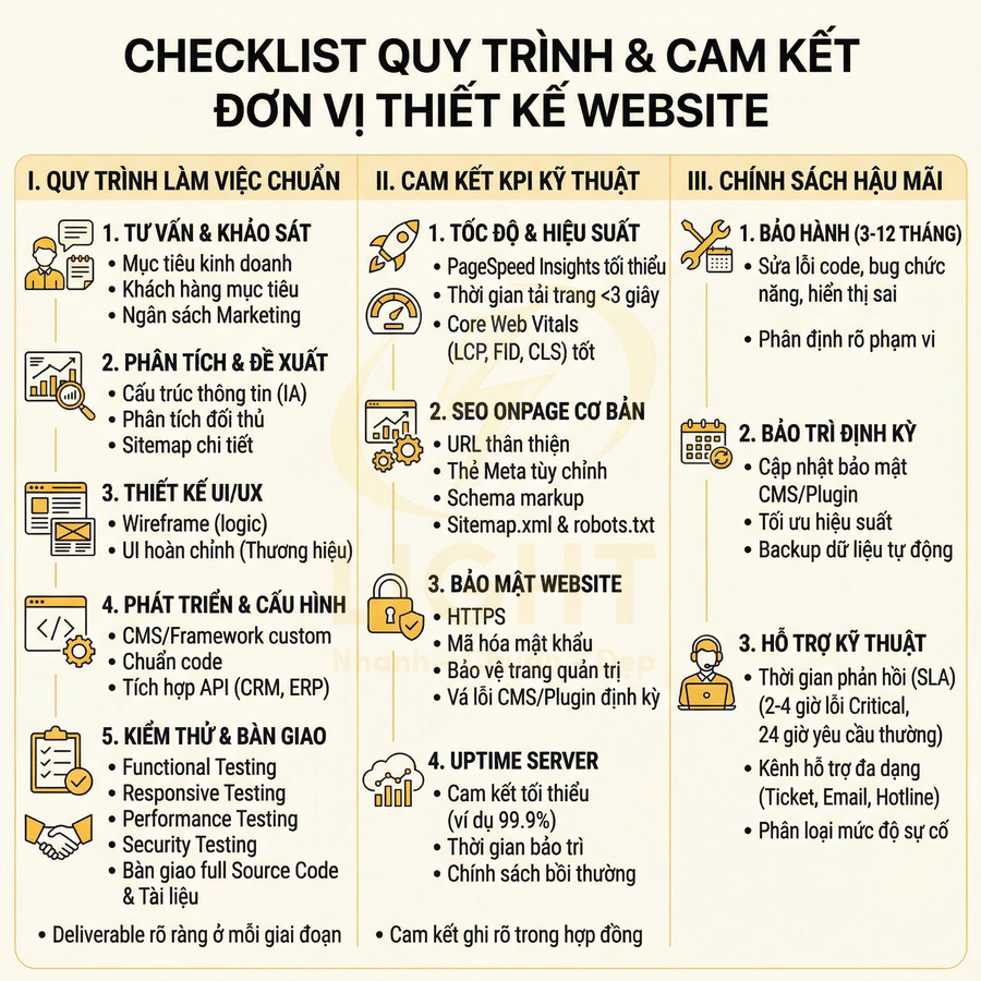 Checklist quy trình làm việc và cam kết kỹ thuật, hậu mãi của đơn vị thiết kế website chuyên nghiệp